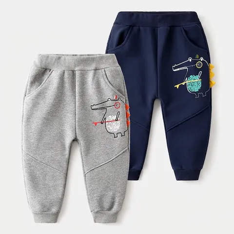 Boys Winter Fleece Lined Thickened Casual Joggers Cotton Blend Cartoon Dinosaur Pattern Elastic Waist Warm Sport Pants