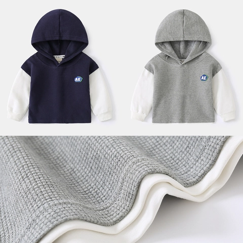 Jongens Wafelbreisel Sweatshirt met Capuchon Contrastkleur Lange Mouwen Katoenmix Casual Pullover Top Voor Peuters