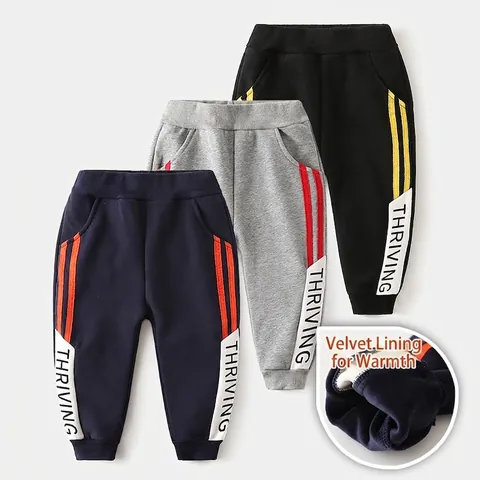 Jongens Fleece Gevoerde Verdikte Trainingsbroek Winter Warme Sport Joggers Met Letterprint Contraststrepen Katoenmix Kinderbroeken
