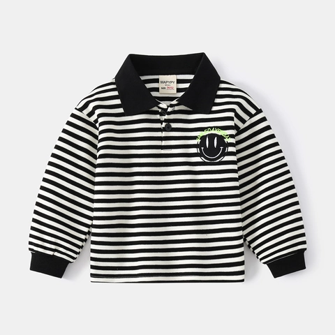 Polo à Manches Longues Rayé pour Garçons Mélange de Coton Sweat-shirt à Revers Imprimé Sourire Pull Décontracté Enfant