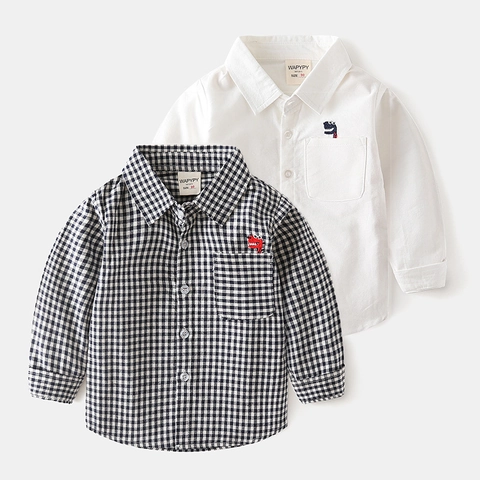 Camicia a Maniche Lunghe in Cotone per Bambini con Ricamo a Dinosauro Taschino Ragazzi Casual Primavera Autunno Camicia Bianca a Quadretti