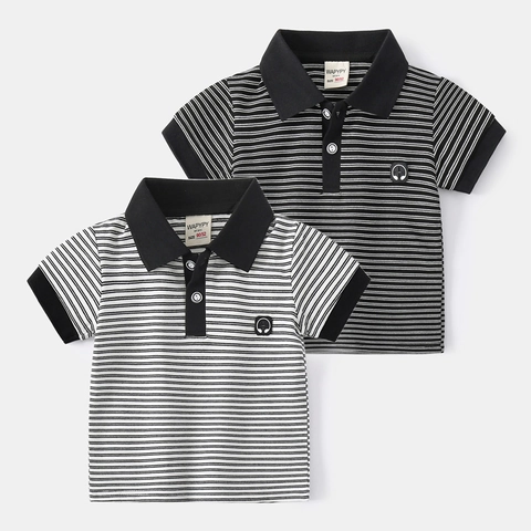 Polo a Righe da Ragazzo Manica Corta in Misto Cotone Maglietta Estiva per Bambini con Patch Ricamata Stile Coreano