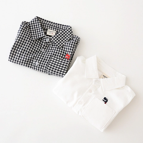 Camicia a Maniche Lunghe in Cotone per Bambini con Ricamo a Dinosauro Taschino Ragazzi Casual Primavera Autunno Camicia Bianca a Quadretti
