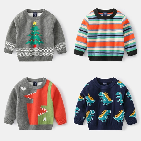 Pullover in Maglia per Bambini Casual in Misto Cotone a Manica Lunga Girocollo Con Motivi di Dinosauri Cartoni Animati e Alberi di Natale