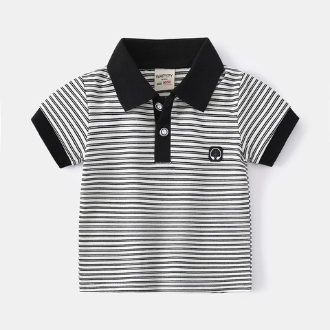 Polo a Righe da Ragazzo Manica Corta in Misto Cotone Maglietta Estiva per Bambini con Patch Ricamata Stile Coreano