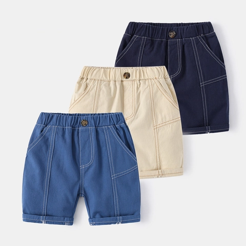 Boys Casual Cotton Blend Shorts Elastic Waist Contrast Stitching Summer Mid Pants For Toddler Kids Solid Color Bottoms