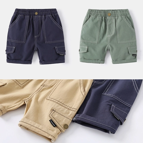 Boys Casual Cotton Blend Cargo Shorts Summer Solid Color Elastic Waist Multi Pockets Mid Length Pants For Kids