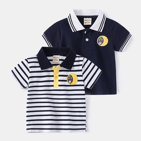 Kinder Jungen Kurzarm Polo Shirt Baumwollmischung Gestreift Navy Bestickt Revers Sommer Casual Top Kleidung