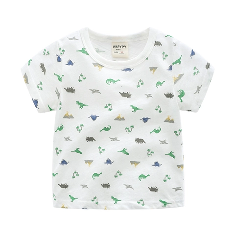 Jungen Cartoon Dinosaurier Allover-Druck Kurzarm T-Shirt Baumwolle Rundhalsausschnitt Sommer Casual Top Für Kinder Weiß Tee