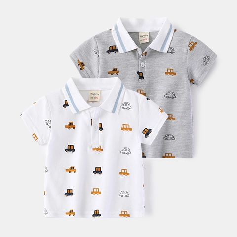 Boys Cartoon Car Print Short Sleeve Polo Shirt Cotton Breathable Summer Lapel Top Korean Fashion Clothes For Toddlers Kids
