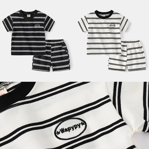 Completo da Bambino Due Pezzi Maglietta a Maniche Corte a Strisce e Pantaloncini Estivi in Morbido Cotone Casual Stile Coreano