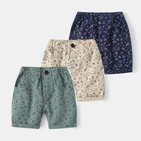 Kids Boys Casual Cotton Blend Space Print Shorts Elastic Waist Summer Breathable Printed Cartoon Alien Rocket Half Pants