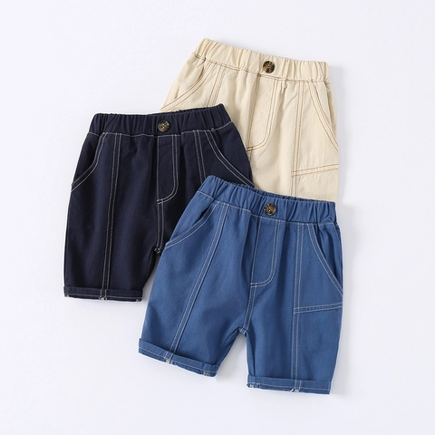 Boys Casual Cotton Blend Shorts Elastic Waist Contrast Stitching Summer Mid Pants For Toddler Kids Solid Color Bottoms