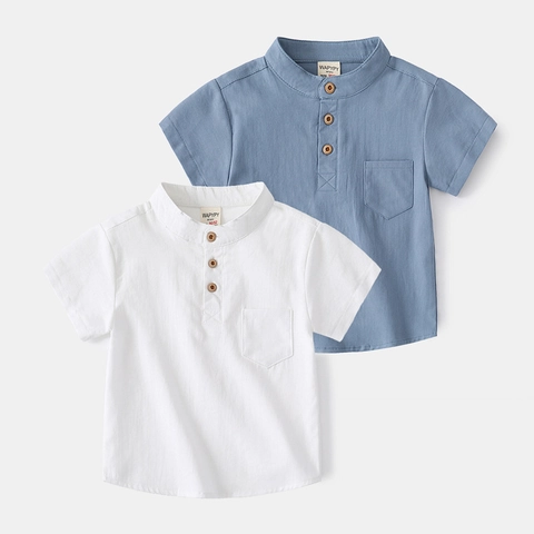 Boys Casual Short Sleeve Henley Shirt Cotton Summer Stand Collar Top With Chest Pocket Solid Color Kids Fashion Clothes
