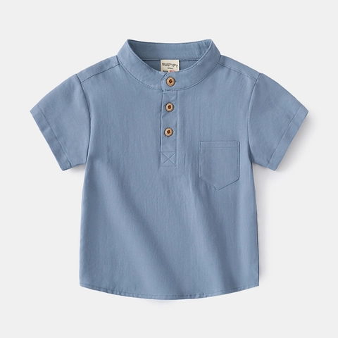 Boys Casual Short Sleeve Henley Shirt Cotton Summer Stand Collar Top With Chest Pocket Solid Color Kids Fashion Clothes