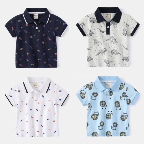 Boys Short Sleeve Cotton Polo Shirt Printed Dinosaur Rocket Lion Cartoon Summer Tops For Toddler Kids Casual Clothing