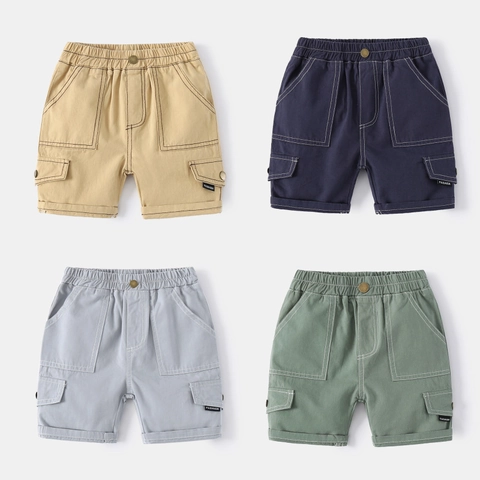 Boys Casual Cotton Blend Cargo Shorts Summer Solid Color Elastic Waist Multi Pockets Mid Length Pants For Kids