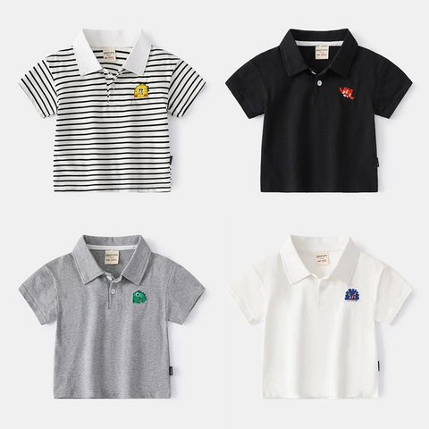 Boys Short Sleeve Polo Shirt Cotton Blend Breathable Cartoon Embroidery Lapel Neck Casual Summer Top For Kids Toddlers