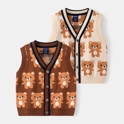 Gilet in Maglia da Bambino Senza Maniche Scollo a V Cartone Animato Orso Bottoni Misto Cotone Pullover Cardigan Autunno Bambini Moda Top