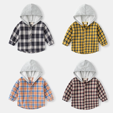 Chemise Décontractée à Carreaux avec Capuche pour Garçons en Coton Style Coréen pour Bébés Tops à Carreaux avec Boutons pour Automne
