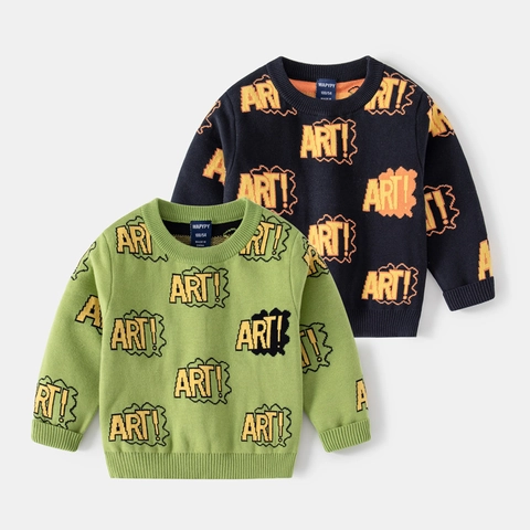Pull en Tricot pour Garçons Col Rond Manches Longues Jacquard Motif Lettres d'Art Mélange de Coton Pullover Enfants Automne Hiver