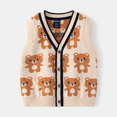 Gilet in Maglia da Bambino Senza Maniche Scollo a V Cartone Animato Orso Bottoni Misto Cotone Pullover Cardigan Autunno Bambini Moda Top