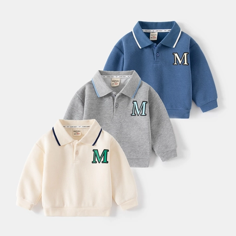 Felpa da Bambino con Colletto Polo in Misto Cotone Top a Manica Lunga con Lettera Ricamata per Ragazzi Maglione Casual Quotidiano