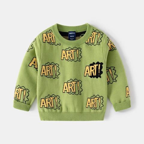Pull en Tricot pour Garçons Col Rond Manches Longues Jacquard Motif Lettres d'Art Mélange de Coton Pullover Enfants Automne Hiver