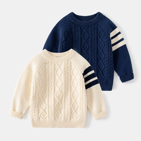 Pull en Coton Torsadé pour Garçons Décontracté Col Rond Rayé Pull-over Manches Longues Automne Hiver Chaud Haut en Tricot Enfants