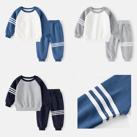 Boys Cotton Blend Striped Pullover Sweatshirt And Pants Outfit Color Block Casual Sporty Long Sleeve Clothing For Kids Spring Autumn