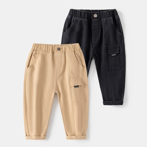 Boys Casual Cotton Blend Cargo Pants Elastic Waist Utility Trousers Solid Color Fashion Kids Long Pants Spring Autumn