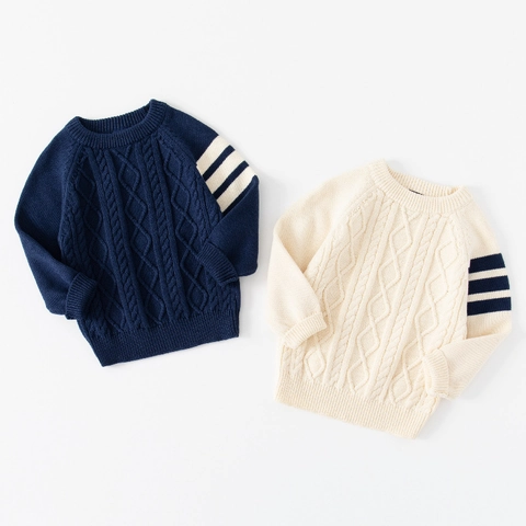 Pull en Coton Torsadé pour Garçons Décontracté Col Rond Rayé Pull-over Manches Longues Automne Hiver Chaud Haut en Tricot Enfants
