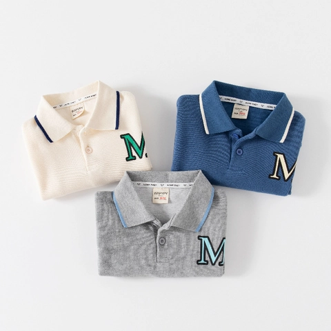Felpa da Bambino con Colletto Polo in Misto Cotone Top a Manica Lunga con Lettera Ricamata per Ragazzi Maglione Casual Quotidiano