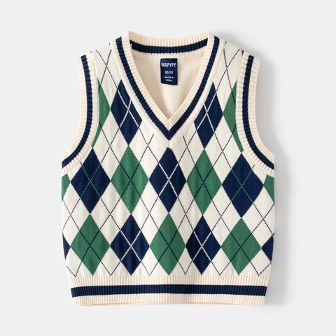 Gilet en Tricot à Col en V pour Garçons Pull Argyle Sans Manches pour Enfants Gilet Décontracté d'Automne en Mélange de Coton