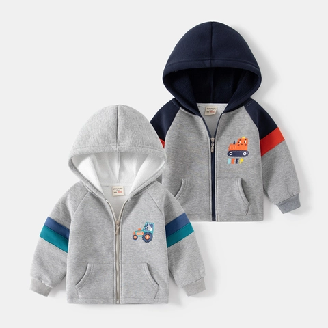 Boys Fleece Lined Hooded Zip Up Sweatshirt Cartoon Tractor Print Contrast Color Warm Casual Hoodie Jacket Top