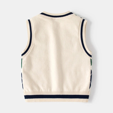 Gilet en Tricot à Col en V pour Garçons Pull Argyle Sans Manches pour Enfants Gilet Décontracté d'Automne en Mélange de Coton