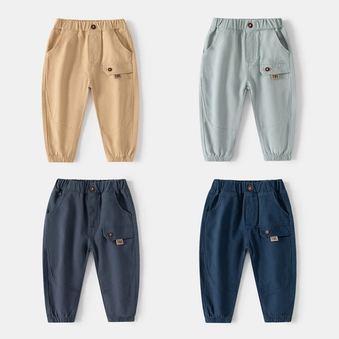 Boys Casual Cotton Blend Pants Elastic Waist Cargo Trousers Solid Color Soft Daily Bottoms For Kids Young Children