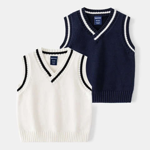 Boys College Style Knitted Sweater Vest V-Neck Sleeveless Pullover Cotton Blend Contrast Stripe Trim Kids Casual Waistcoat Top