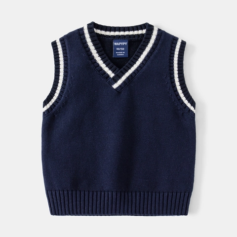 Boys College Style Knitted Sweater Vest V-Neck Sleeveless Pullover Cotton Blend Contrast Stripe Trim Kids Casual Waistcoat Top