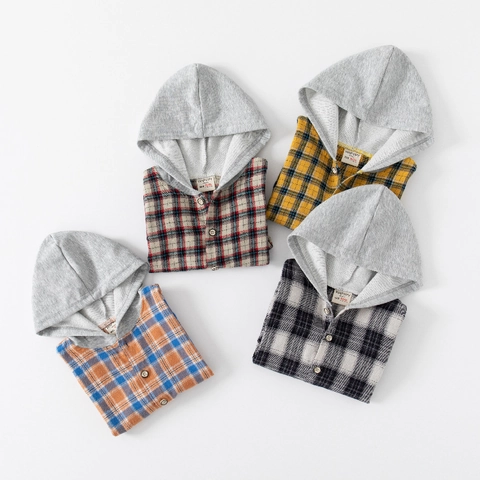 Chemise Décontractée à Carreaux avec Capuche pour Garçons en Coton Style Coréen pour Bébés Tops à Carreaux avec Boutons pour Automne