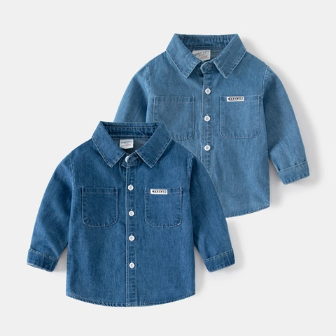 Boys Casual Cotton Denim Long Sleeve Shirt For Kids Solid Color Square Collar Trendy Spring Autumn Kids Tops Clothing