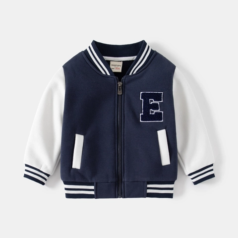 Jongens Honkbaljack Katoenmix Contrastkleur Letter Borduurwerk Gewatteerd Warm Ritsjas Sportief School Bovenkleding