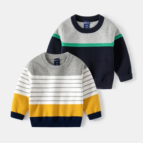 Jongens Patchwork Gestreepte Gebreide Trui Herfst Winter Ronde Hals Lange Mouw Pullover Zacht Warm Kinderen Casual Katoenmix Top