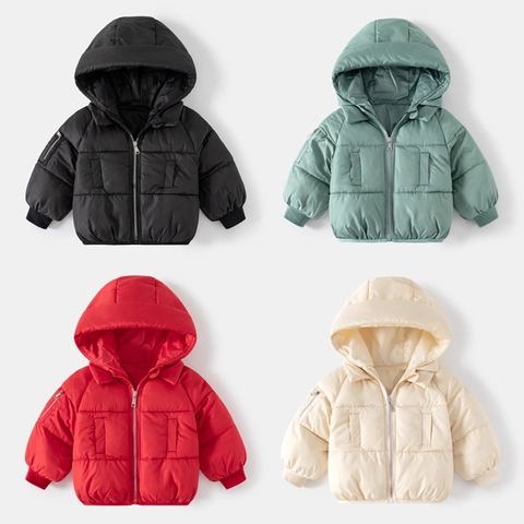 Kids Winter Puffer Jacket Warm Padded Coat For Boys Girls Korean Style Solid Color Hooded Zipper Outerwear Windproof Jacket