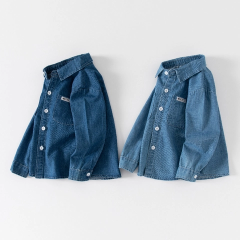 Boys Casual Cotton Denim Long Sleeve Shirt For Kids Solid Color Square Collar Trendy Spring Autumn Kids Tops Clothing