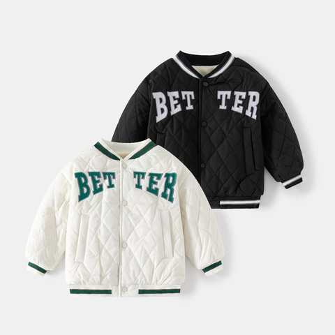 Boys Winter Fleece Lined Quilted Padded Jacket Korean Style Letter Embroidery Baseball Uniform Outerwear For Kids