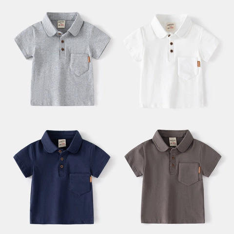 Polo a Maniche Corte per Ragazzi in Misto Cotone Tinta Unita Colletto a Revers Tasca Top per Bambini Neonato Estate Casual