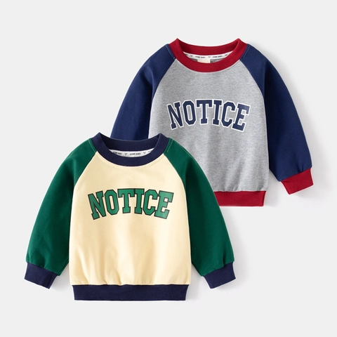 Casual Jongens Katoenmix Kleurblok Raglan Sweatshirt Letterprint Ronde Hals Losse Lange Mouw Top Voor Kinderen
