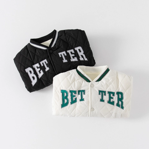 Boys Winter Fleece Lined Quilted Padded Jacket Korean Style Letter Embroidery Baseball Uniform Outerwear For Kids