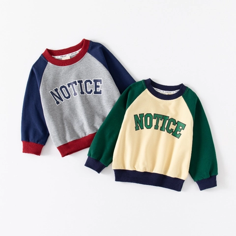 Casual Jongens Katoenmix Kleurblok Raglan Sweatshirt Letterprint Ronde Hals Losse Lange Mouw Top Voor Kinderen